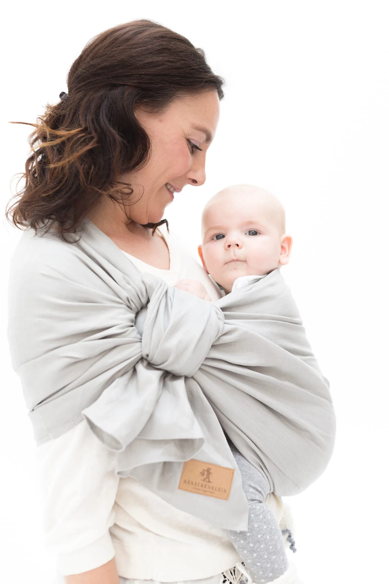 Ring Sling Tragetuch "ASH" In Hellgrau Mit Schwarzen Ringen 3 Ring Sling Tragetuch "ASH" In Hellgrau Mit Schwarzen Ringen