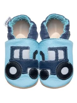 Leder-Krabbelschuhe "Traktor" In Hellblau