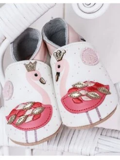 Leder-Krabbelschuhe "Flamingos" In Weiß/ Rosa