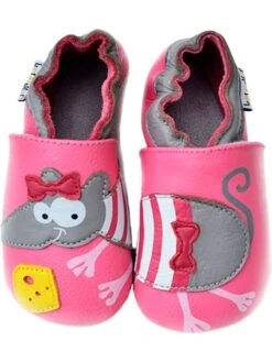 Leder-Krabbelschuhe "Maus" In Pink/ Grau