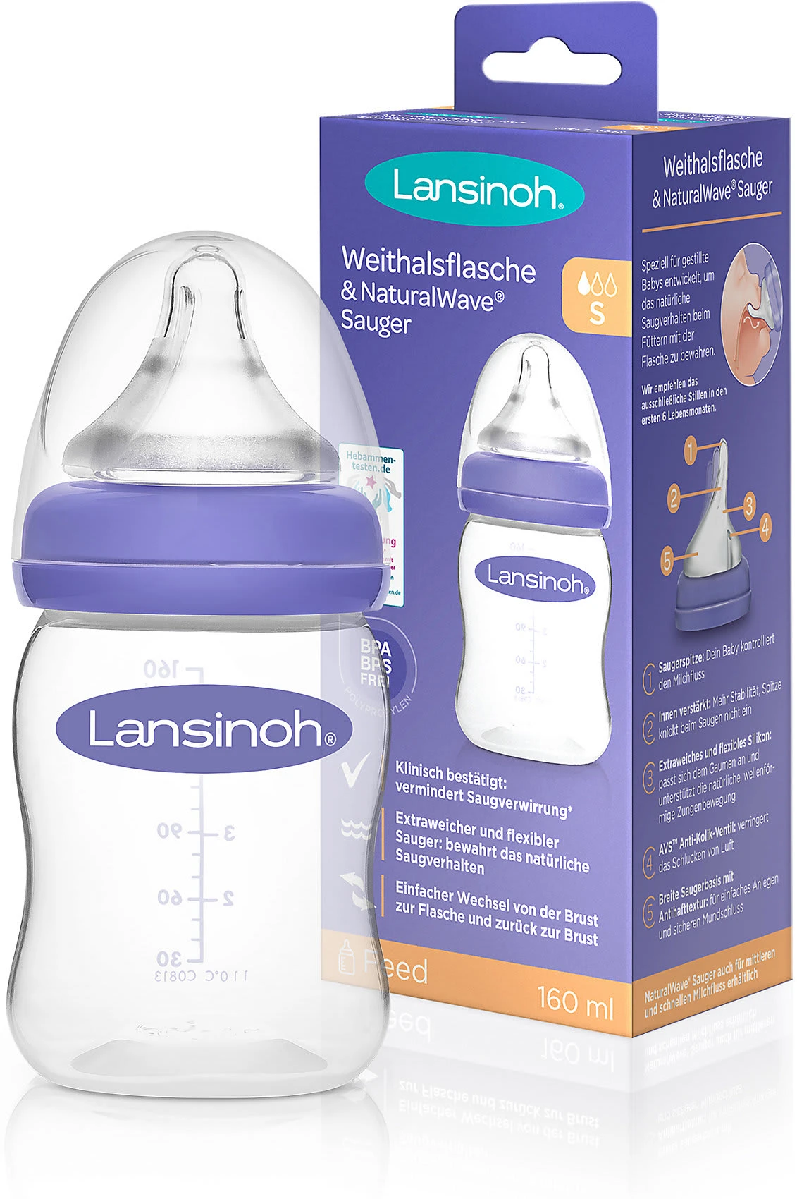 Lansinoh Weithalsflasche Mit NaturalWave™ Sauger Gr. S, 160ml 3 Lansinoh Weithalsflasche Mit NaturalWave™ Sauger Gr. S, 160ml