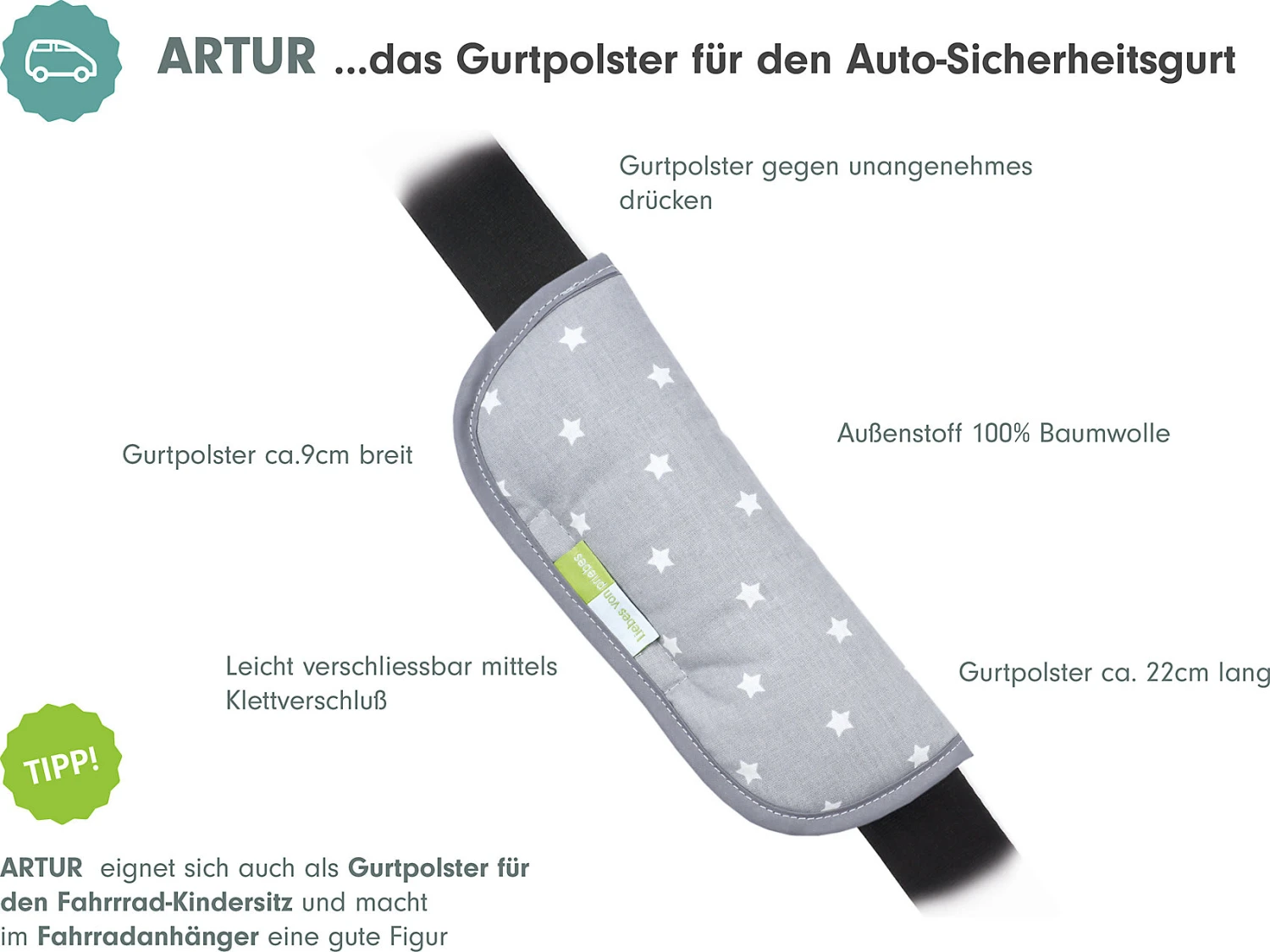 ARTUR Gurtpolster Für Autogurte - Stars, Grau 4 ARTUR Gurtpolster Für Autogurte - Stars, Grau – Bild 2