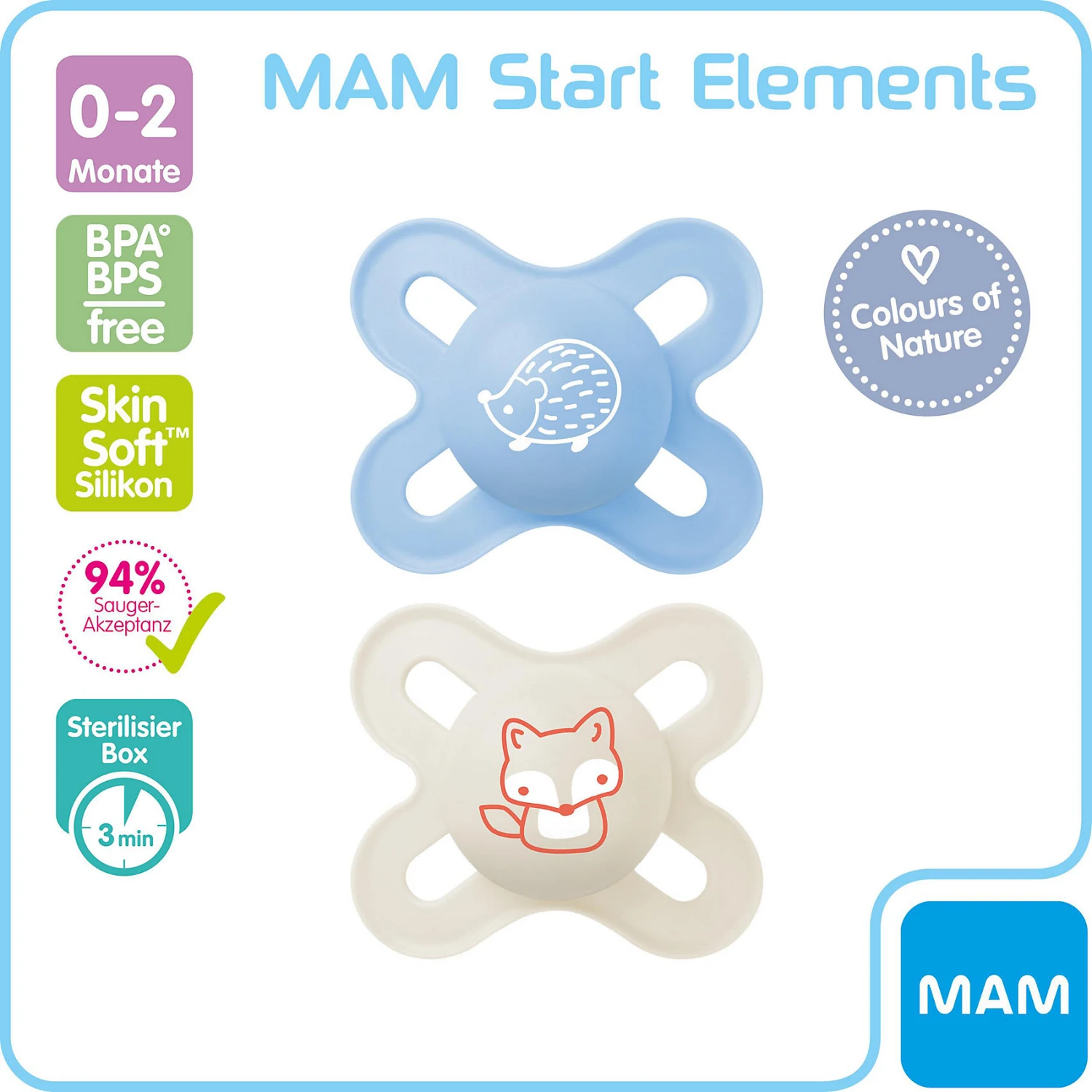 MAM Schnuller Start Elements Silikon, Gr. 0, 2 Stk, Igel/Fuchs 4 MAM Schnuller Start Elements Silikon, Gr. 0, 2 Stk, Igel/Fuchs – Bild 2