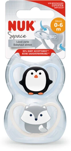 NUK Space Silikon-Schnuller, Kiefergerechte Form, 0-6 Monate, 2 Stück, Pinguin... -Babyprodukte nuk space silikon schnuller kiefergerechte form 0 6 monate 2 stuck pinguin 3