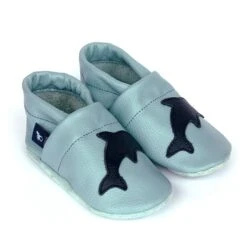 Krabbelschuhe / Lederpuschen Mit Delfin In Hellblau / Blau