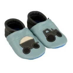 Krabbelschuhe / Lederpuschen Mit Traktor In Hellblau / Grau