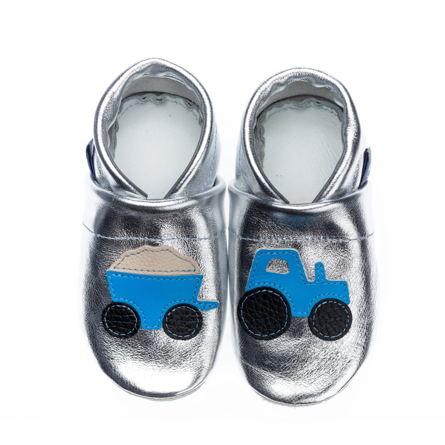 Krabbelschuhe / Lederpuschen Mit Traktor In Silber / Hellblau 4 Krabbelschuhe / Lederpuschen Mit Traktor In Silber / Hellblau – Bild 2
