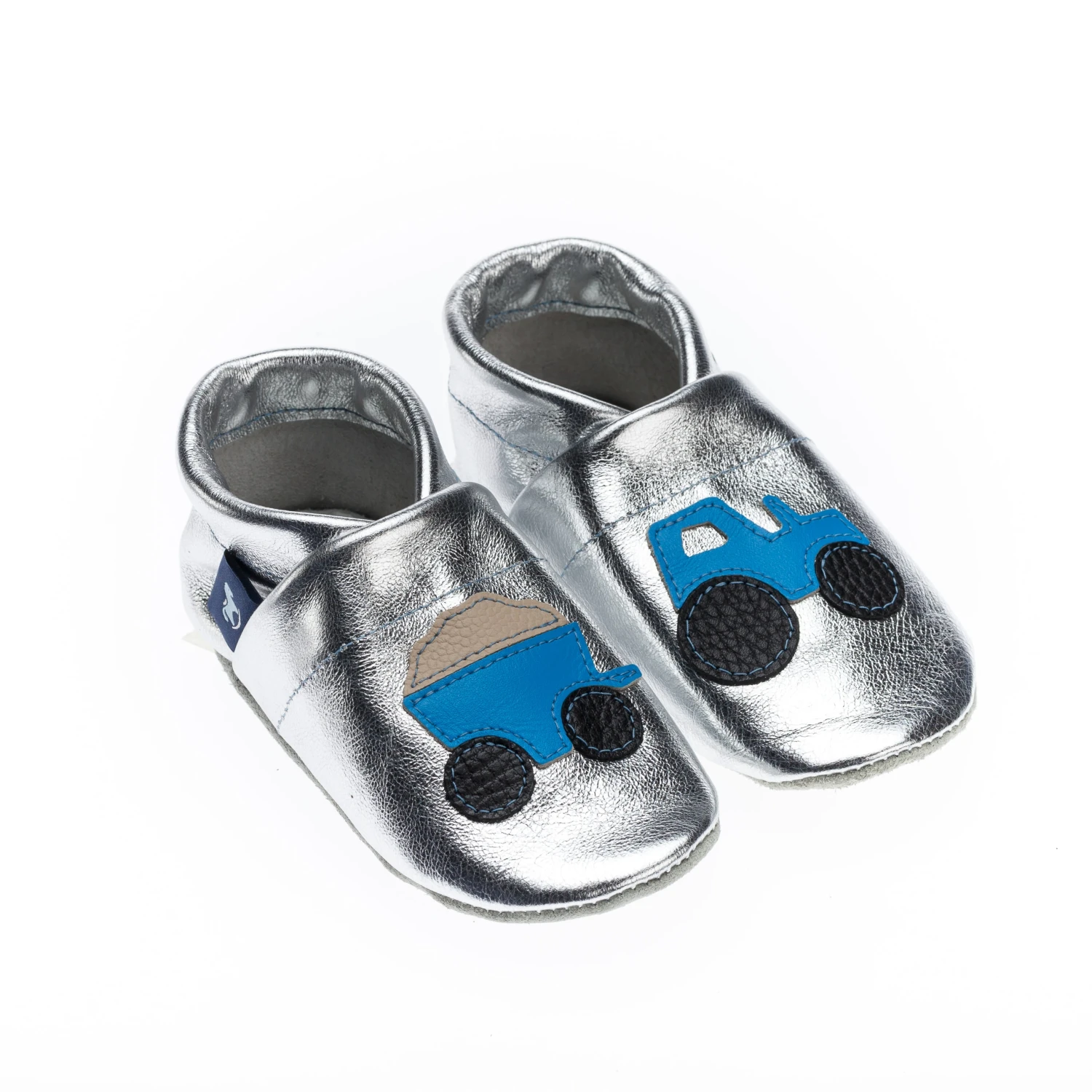 Krabbelschuhe / Lederpuschen Mit Traktor In Silber / Hellblau 3 Krabbelschuhe / Lederpuschen Mit Traktor In Silber / Hellblau