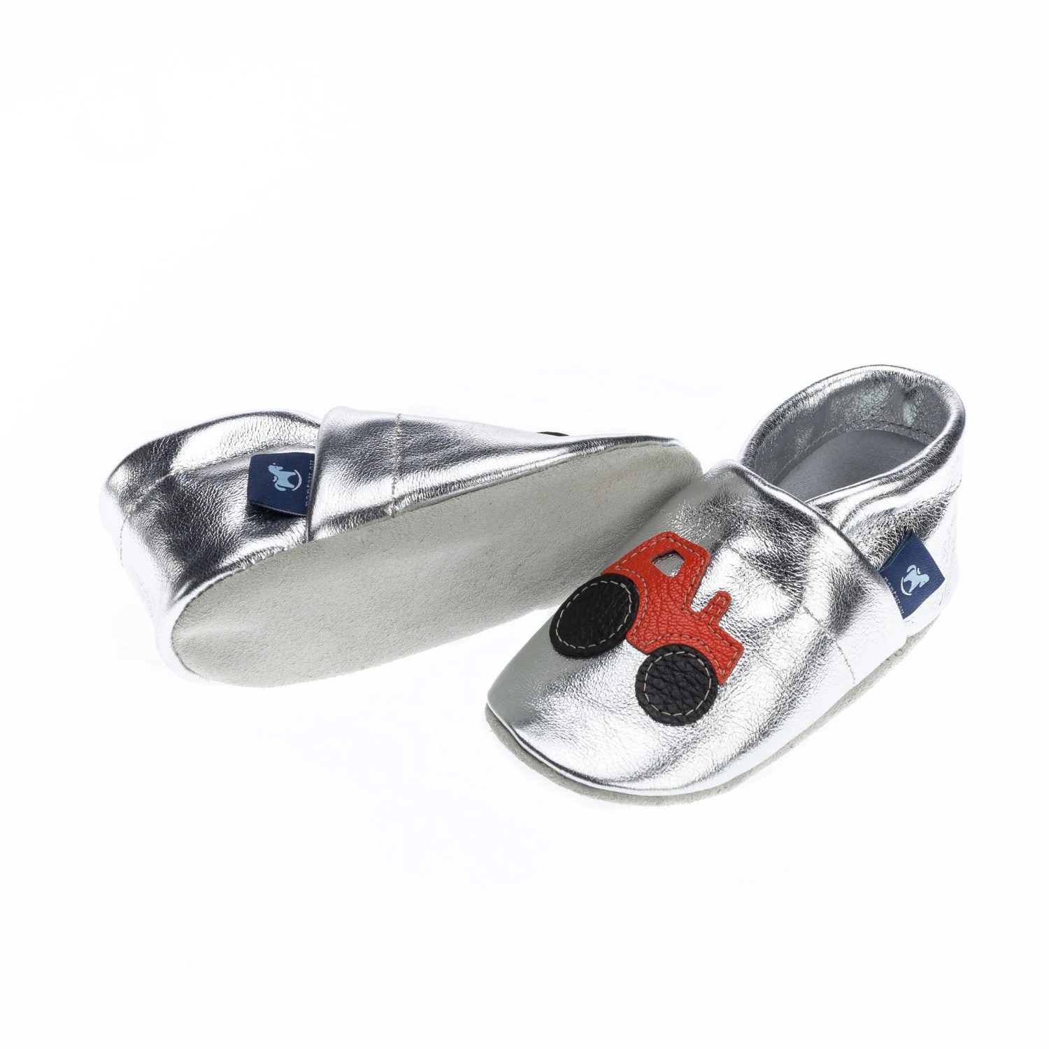 Krabbelschuhe / Lederpuschen Mit Traktor In Silber / Orange 5 Krabbelschuhe / Lederpuschen Mit Traktor In Silber / Orange – Bild 3