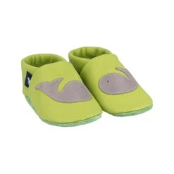 Krabbelschuhe / Lederpuschen Mit Wal In Apfelgrün / Grau