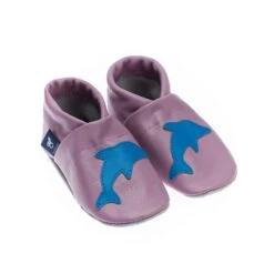 Lauflernschuhe / Lederpuschen Mit Delfin In Lila / Hellblau