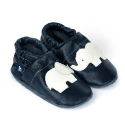 Lauflernschuhe / Lederpuschen Mit Elefant In Blau / Weiß