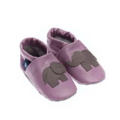 Lauflernschuhe / Lederpuschen Mit Elefant In Lila / Grau