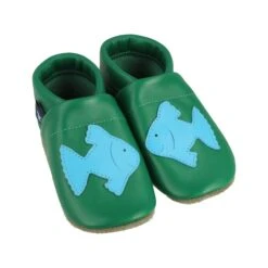 Lauflernschuhe / Lederpuschen Mit Fisch In Grün / Hellblau