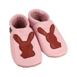 Lauflernschuhe / Lederpuschen Mit Hase In Rosa / Braun