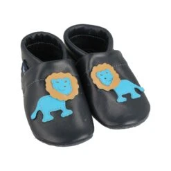 Lauflernschuhe / Lederpuschen Mit Löwe In Blau / Hellblau