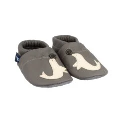 Lauflernschuhe / Lederpuschen Mit Robbe In Grau / Beige