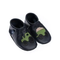 Lauflernschuhe / Lederpuschen Mit Traktor In Blau / Apfelgrün