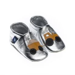Lauflernschuhe / Lederpuschen Mit Traktor In Silber / Gelb