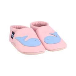 Lauflernschuhe / Lederpuschen Mit Wal In Rosa / Hellblau