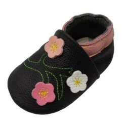Leder-Krabbelschuhe "3 Blumen" In Schwarz -Babyprodukte yalion leder krabbelschuhe 3 blumen in schwarz 2
