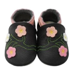 Leder-Krabbelschuhe "3 Blumen" In Schwarz